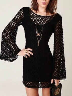 Free People Black Crochet Lace Bodycon Mini Dress Scoop Back Bell Sleeve S